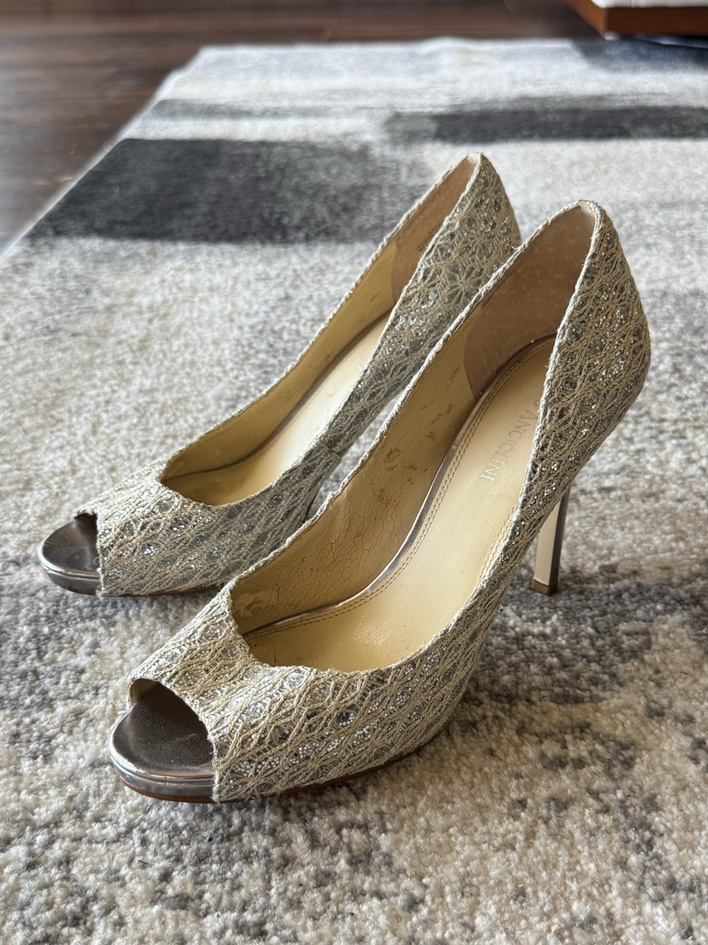 Enzo Angiolini Silver Lace Peeky -Toe Heels
